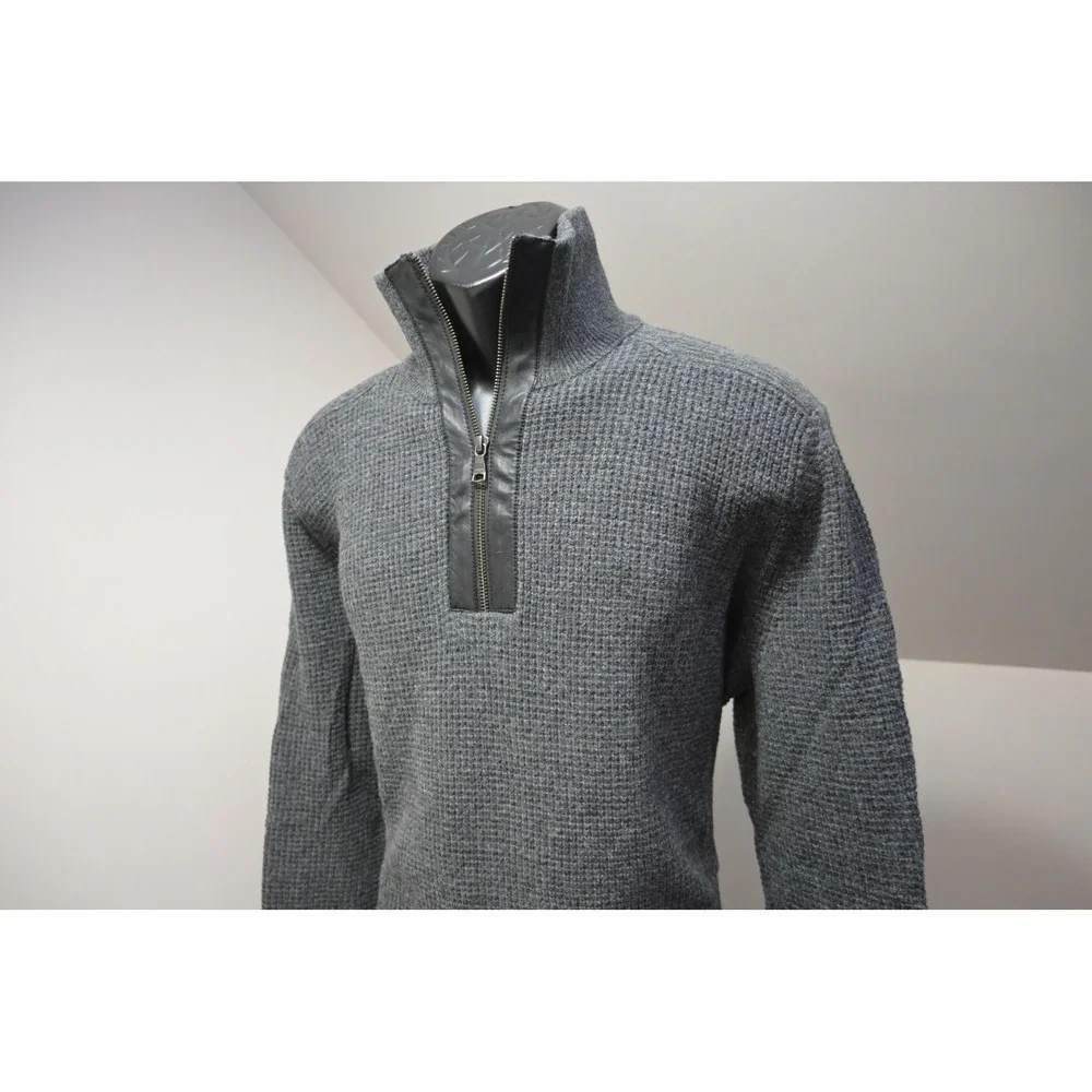 Banana Republic Sweater Mens XL Gray Merino Wool Leather Trim Quarter Zip EUC
